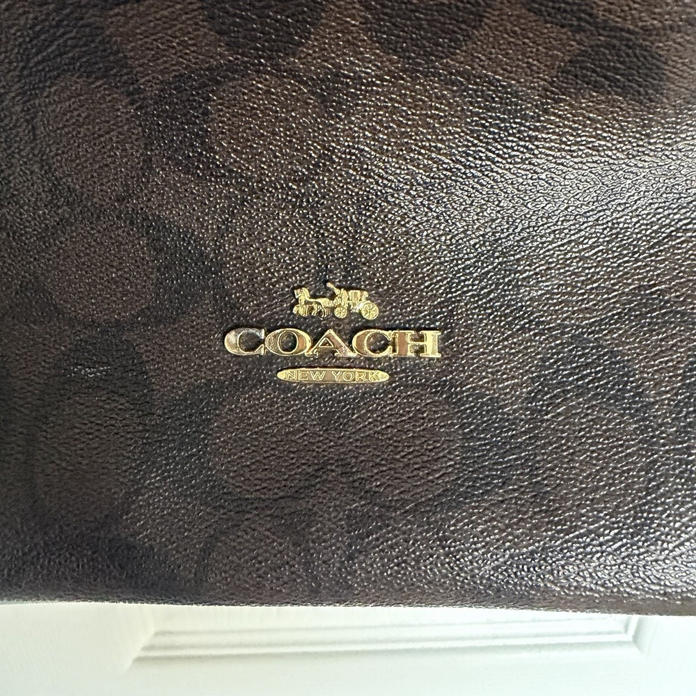 Coach Brown Logo Shoulder Bag Gold Hardware Outer Pockets Women's Designer - Picture 2 of 5
